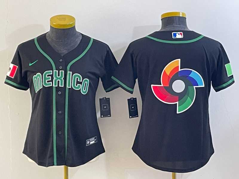 Women%27s Mexico Baseball 2023 Black World Big Logo Classic Stitched Jersey